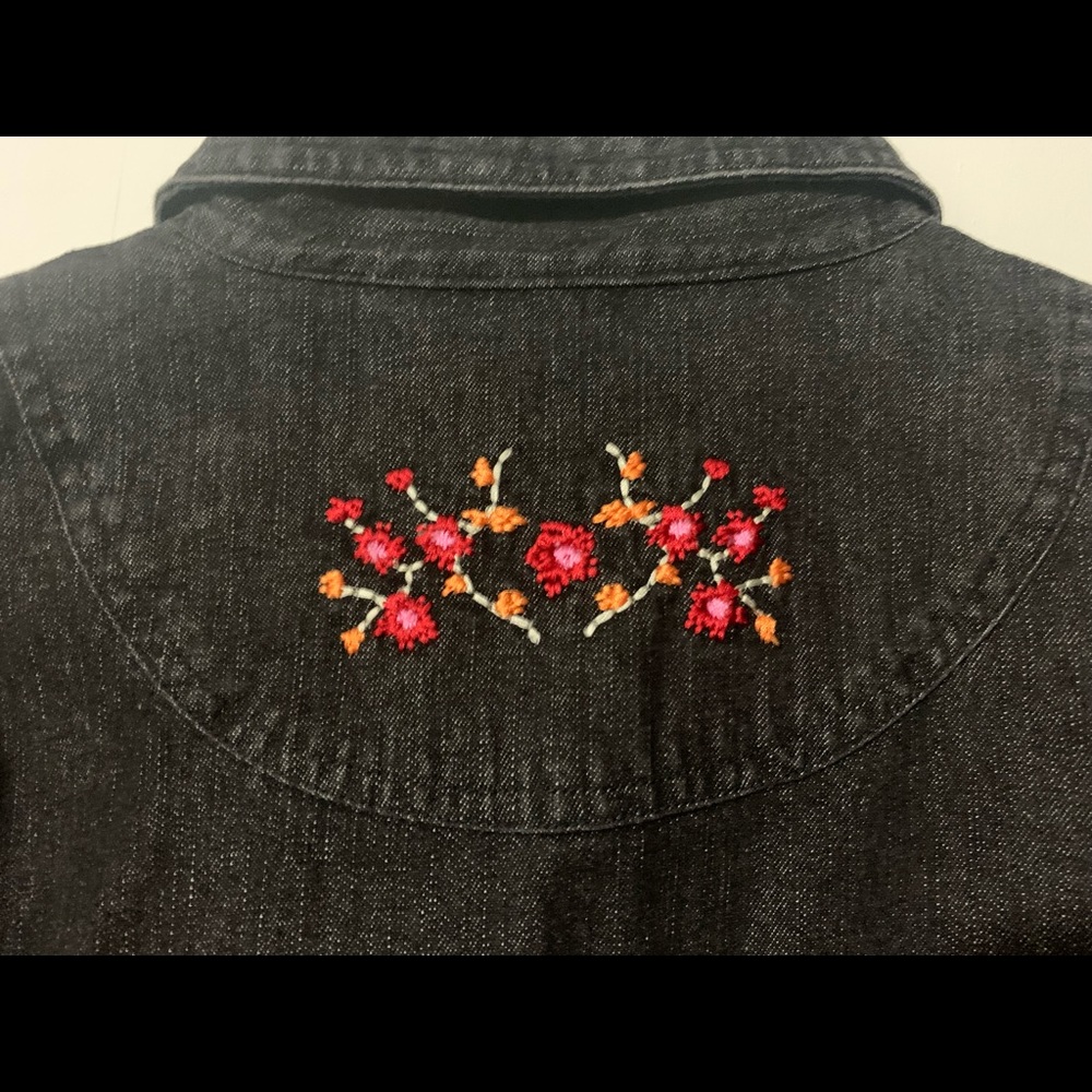 Denim & Co. Front and cuff Button Denim jacket w/ Embroidered accents.